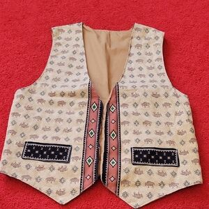 Patterned Beige Vest with Black and Red Accents